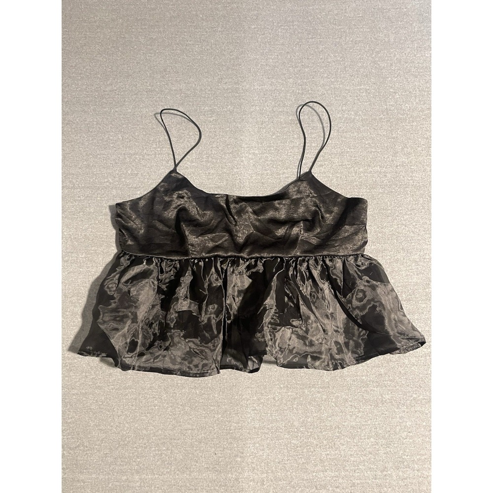 Forever 21‎ Black Satin Crop Top Womens Size Large Spaghetti Strap Ruffle Hem